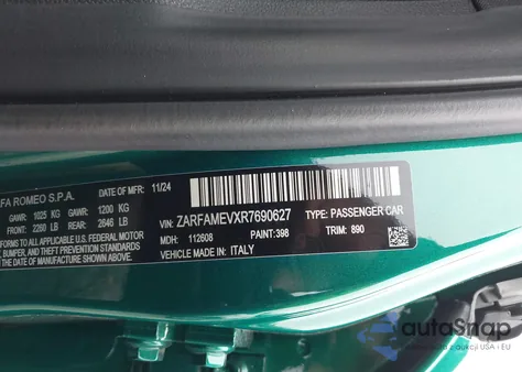 2024 Alfa Romeo Giulia Quadrifoglio Rwd z USA, uszkodzony, nr VIN ZARFAMEVXR7690627